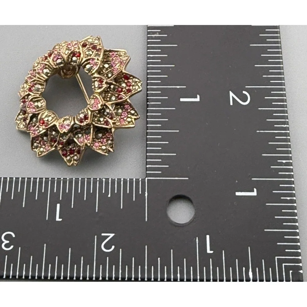 Vintage Les Bernard Brooch Pink Red Rhinestone Marcasites Dimensional Floral